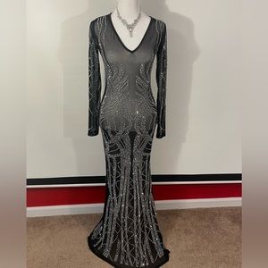 Long sleeve prom dress. Gown. Rhinestones.